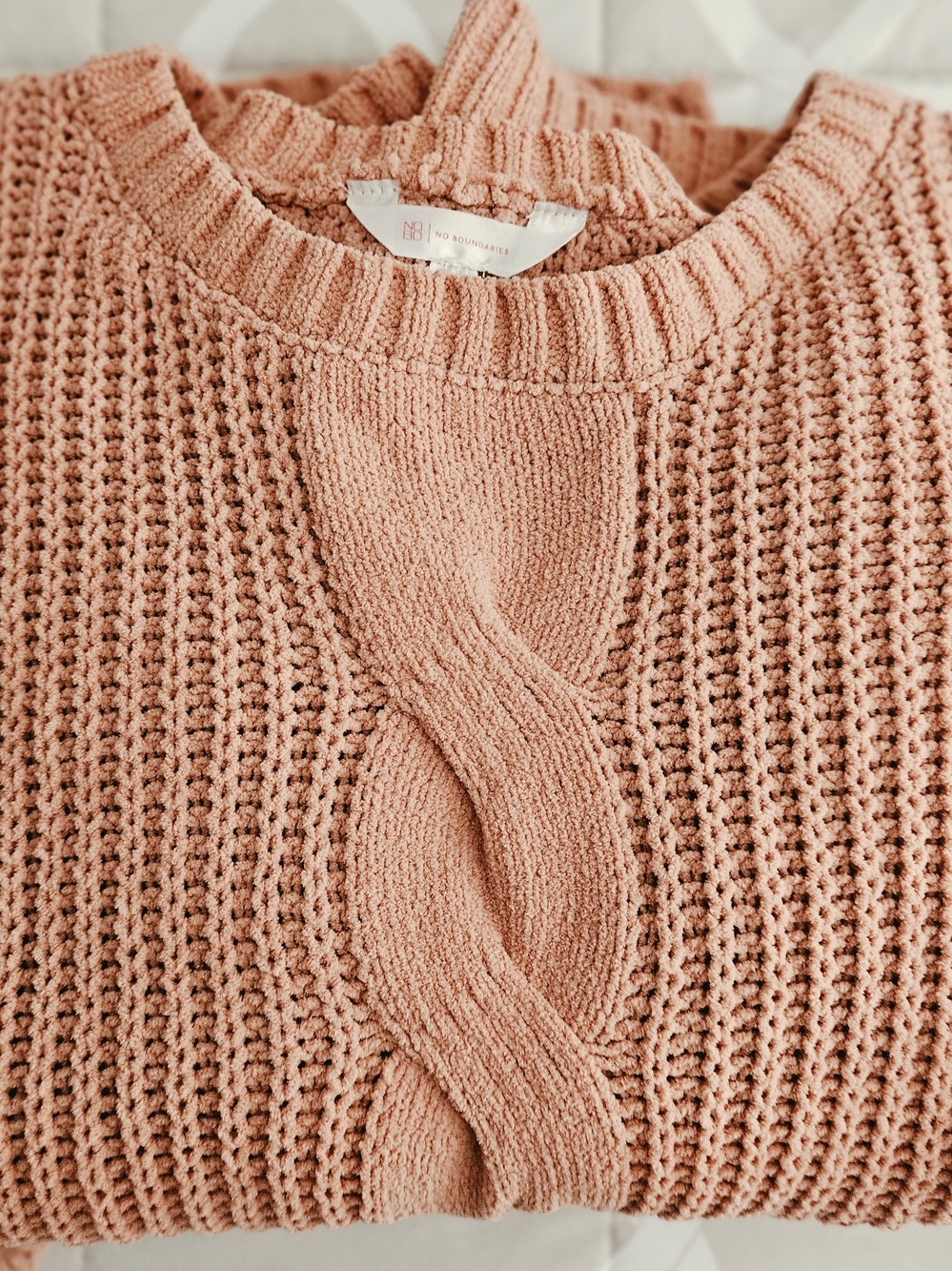 No Boundaries Blush Cable Knit Crew Sweater